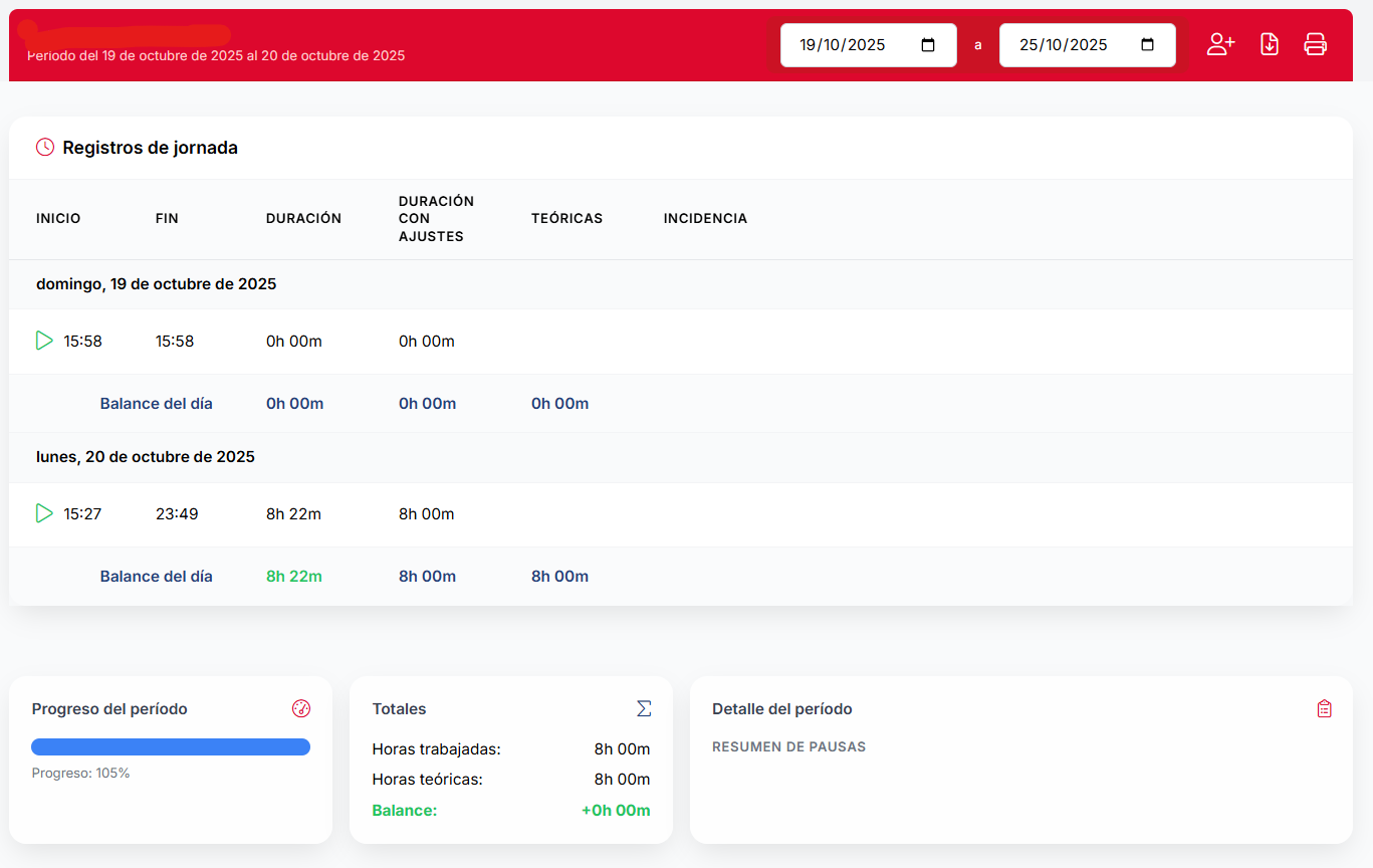 Ejemplo de informe de jornada laboral para la Inspección de Trabajo generado con eGAM Fichajes