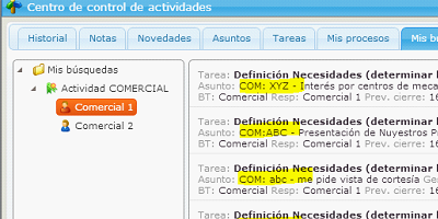 Example of a commercial process query filtered by commercial manager in the eGAM BPM platform.