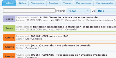 Visualization of the commercial history in the 'History' tab of the activity center within the eGAM BPM platform.