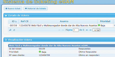 Visualization of the 'Ticketing' functionality applied for the use of clients in the eGAM platform.