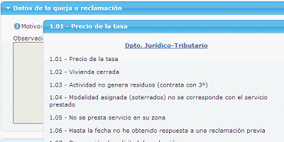 Example of a personalized tickecting with a list of reasons defined by the client in the eGAM platform.
