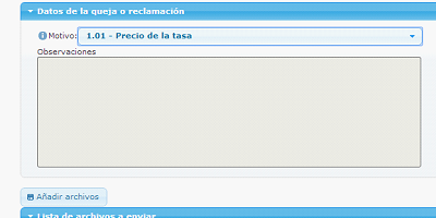 View of the eGAM platform ticketing screen where you can indicate the reason, add additional information in a text box and attach documents.