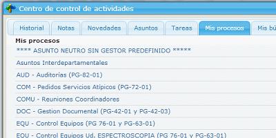 Example display of the activity control center of the eGAM platform in its 'My processes' tab.