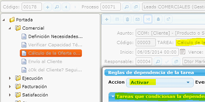 Example of a business process with dependency rules assigned to its tasks in the eGAM BPM platform.