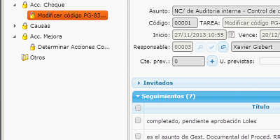Example of a task view in the eGAM BPM platform, where follow-ups can be added to show the progress of an action.
