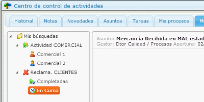 Display of the eGAM platform activity control center in its 'My searches' tab.