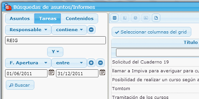Visualization of the search by tasks in the Business intelligence module of the eGAM platform.