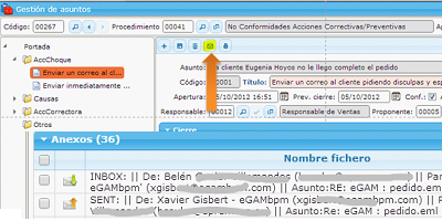 Imagen de la función 'anexar mail' en la plataforma eGAM BPM.