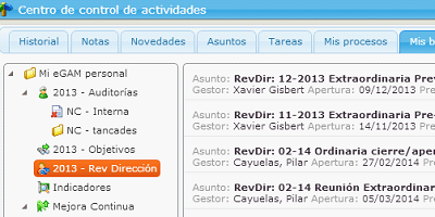 Image example of searches saved in the eGAM BPM platform to work on the continuous improvement of your organization.
