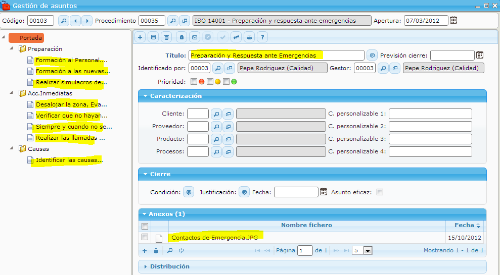Digitalized process on the eGAM BPM platform for emergency preparedness and response, complying with the requirements of the ISO 14001 standard.