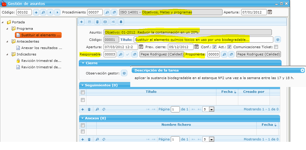 Example of a digitalized process in the eGAM BPM platform for the management of environmental objectives according to the ISO 14001 standard.