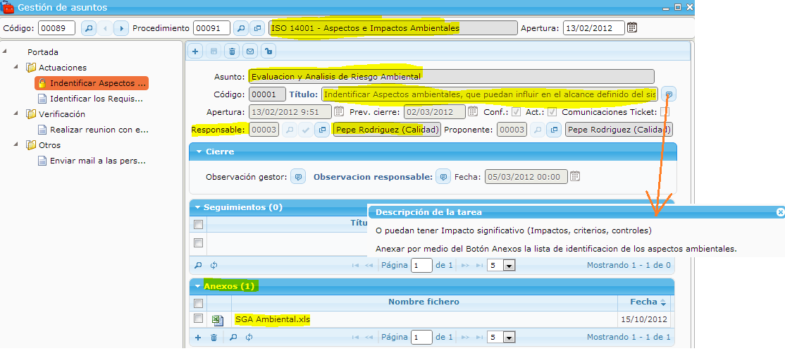 Digitalized process in the eGAM BPM platform for the management of environmental aspects and impacts, complying with the requirements of the ISO 14001 standard.