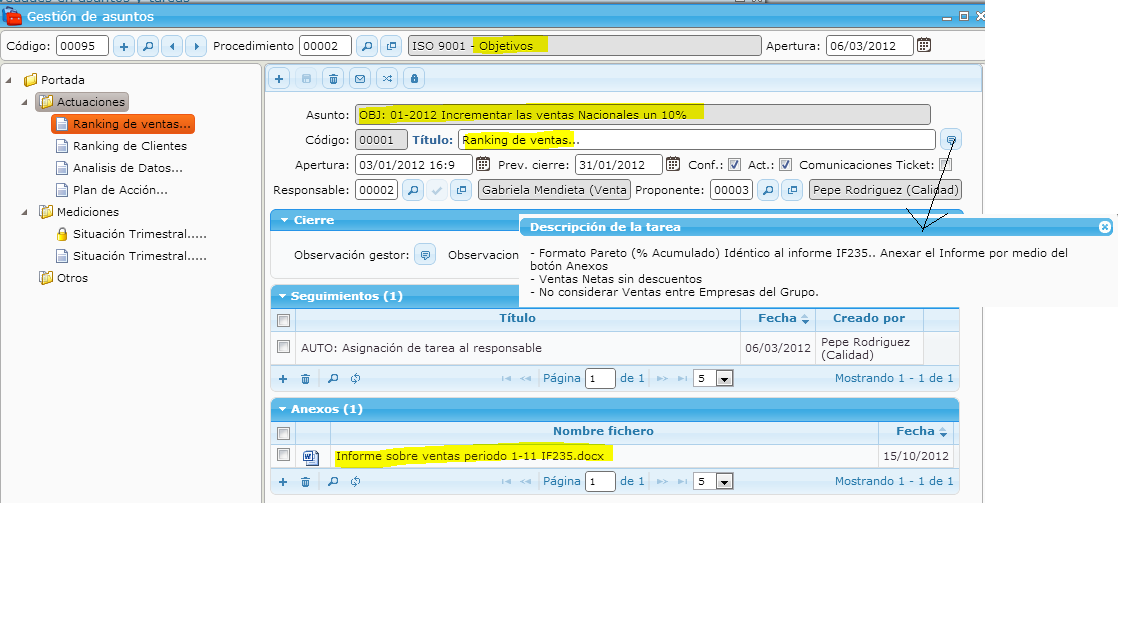 Example of a digitalized process in the eGAM BPM platform for the management of corporate objectives according to the ISO 9001 standard.